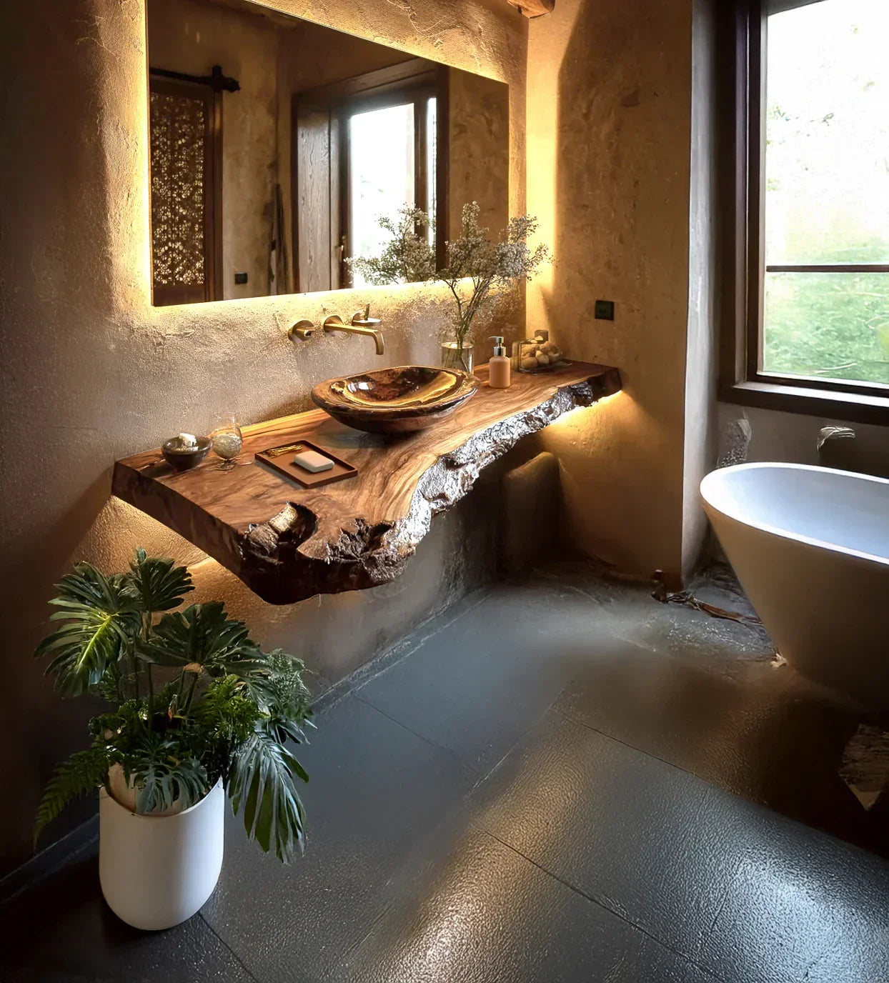 Rustic bathroom with live edge solid wood vanity, vessel sink, backlit mirror, and freestanding tub
