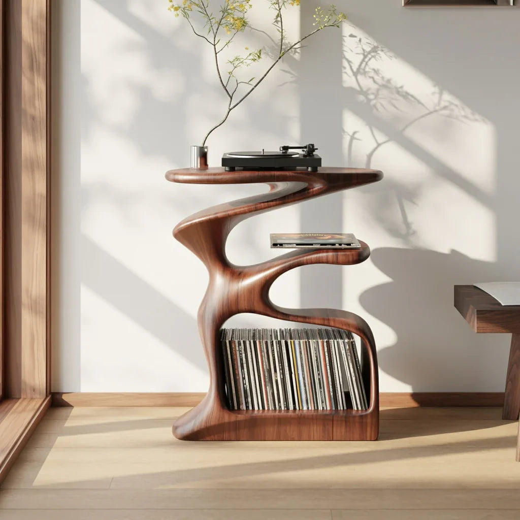 Organic Wood Record Player Stand – Handmade Sculptural Shelf for Vinyl