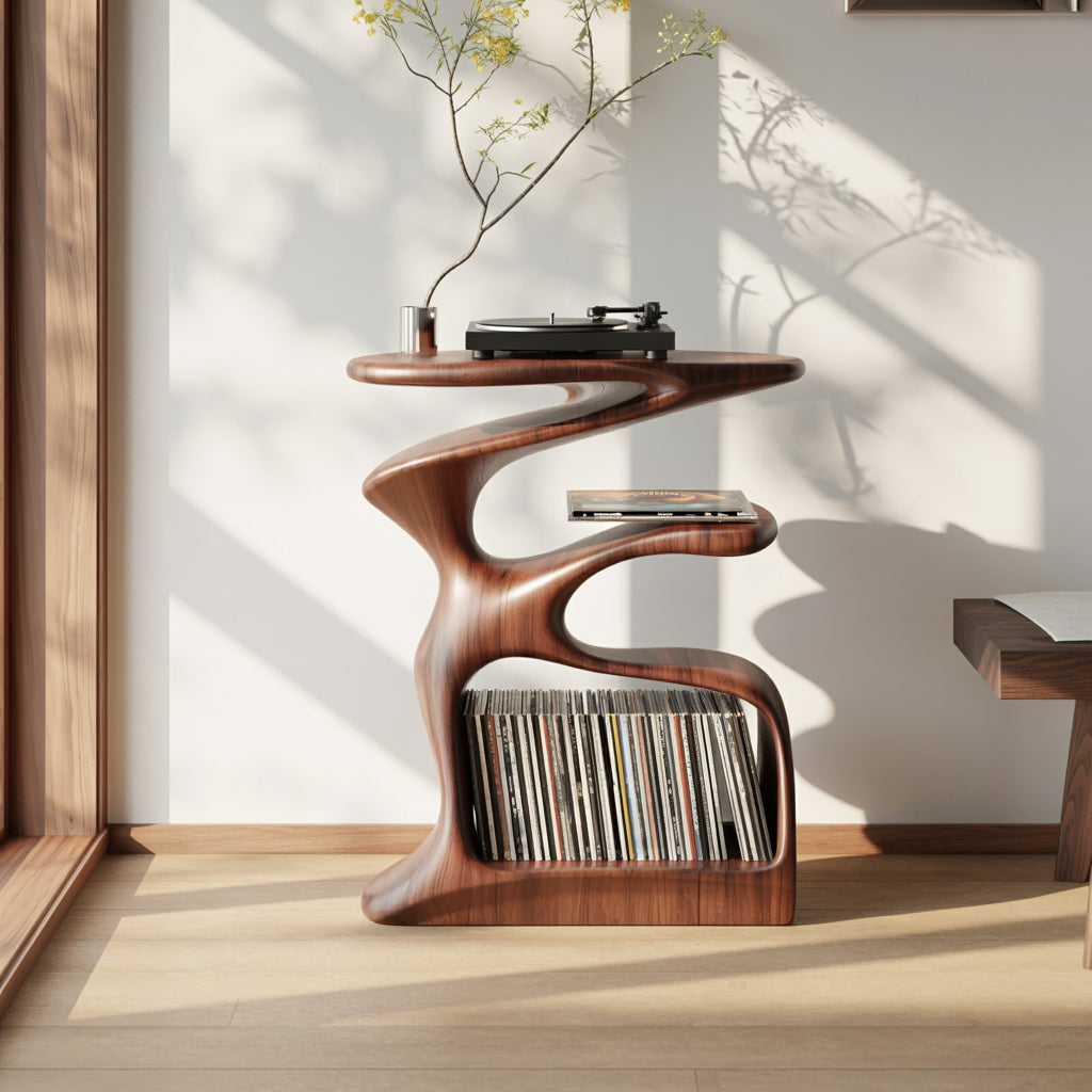 Organic Wood Record Player Stand – Handmade Sculptural Shelf for Vinyl Storage