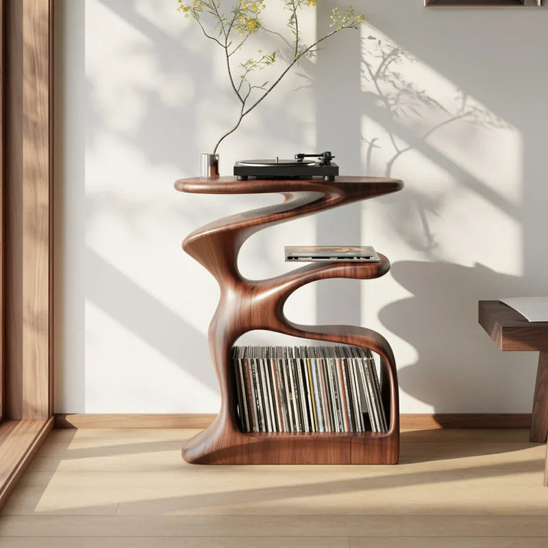 Modern live edge wood bookshelf with records and a turntable in sunlit room