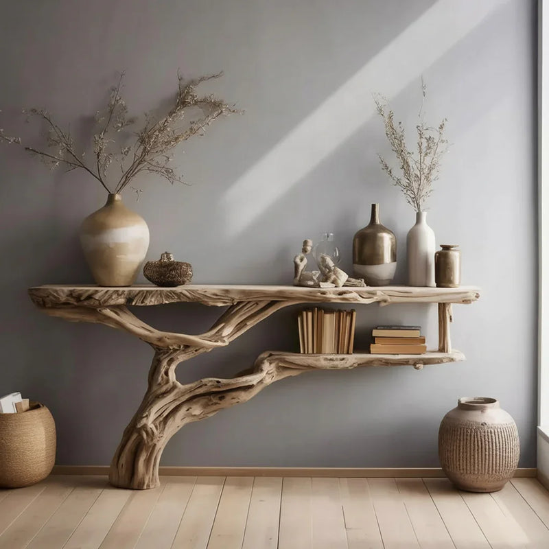 Live edge solid wood console table with tree branch design, decorated with vases and books.