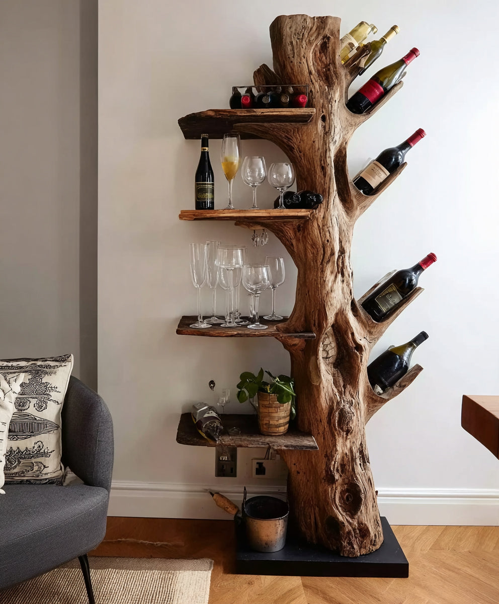 Tree Trunk Wine Rack β Handmade Solid Wood Wine Shelf with Glass Holder for Rustic Home Decor