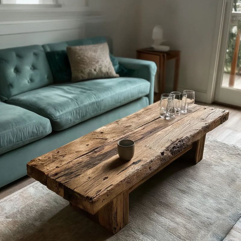 Rustic wooden coffee table with a ceramic mug and glass tumblers in front of a teal sofa in a cozy living room