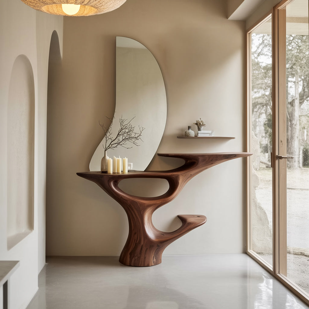 Handcrafted Sculptural Wood Console Table – Contemporary Curved Natural Wood Design