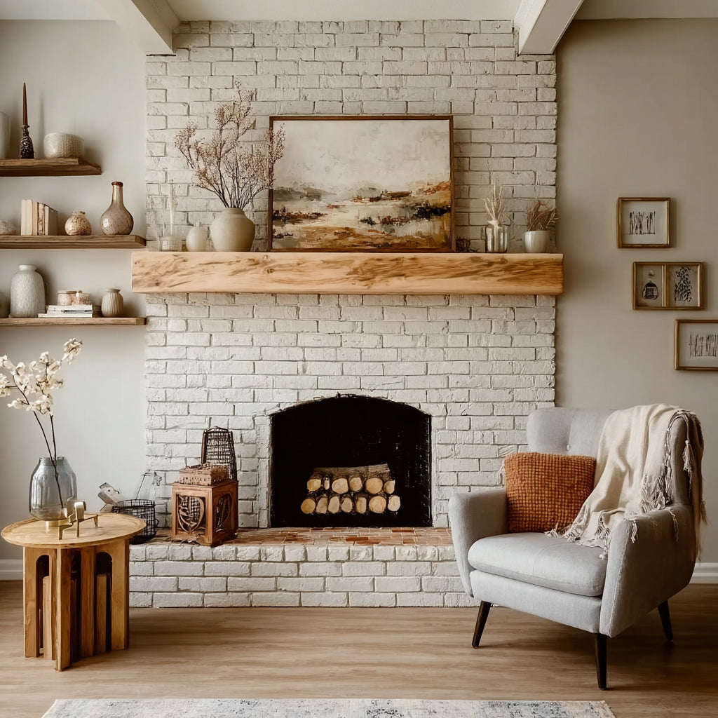 Cozy living room with white brick fireplace, wood mantel, neutral armchair, and rustic decor