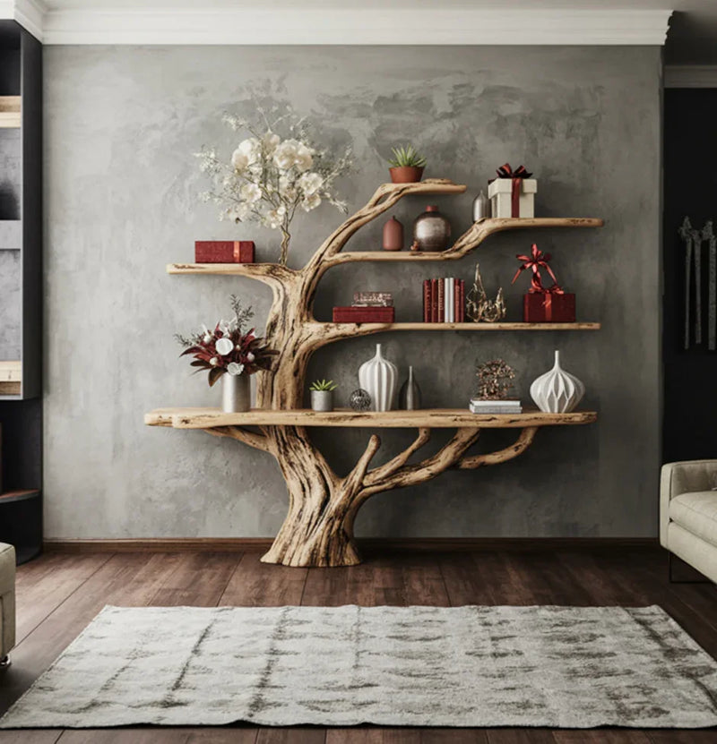 Modern living room with tree-shaped wooden bookshelf decorated with vases, books, plants, and gift boxes