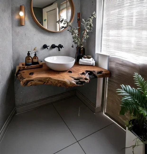 Modern bathroom with live edge wood floating vanity, round vessel sink, and minimalist decor