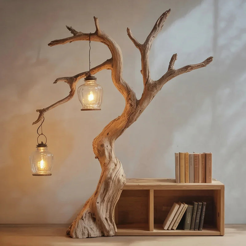 Live edge tree bookshelf with hanging glass pendant lights and neatly arranged books