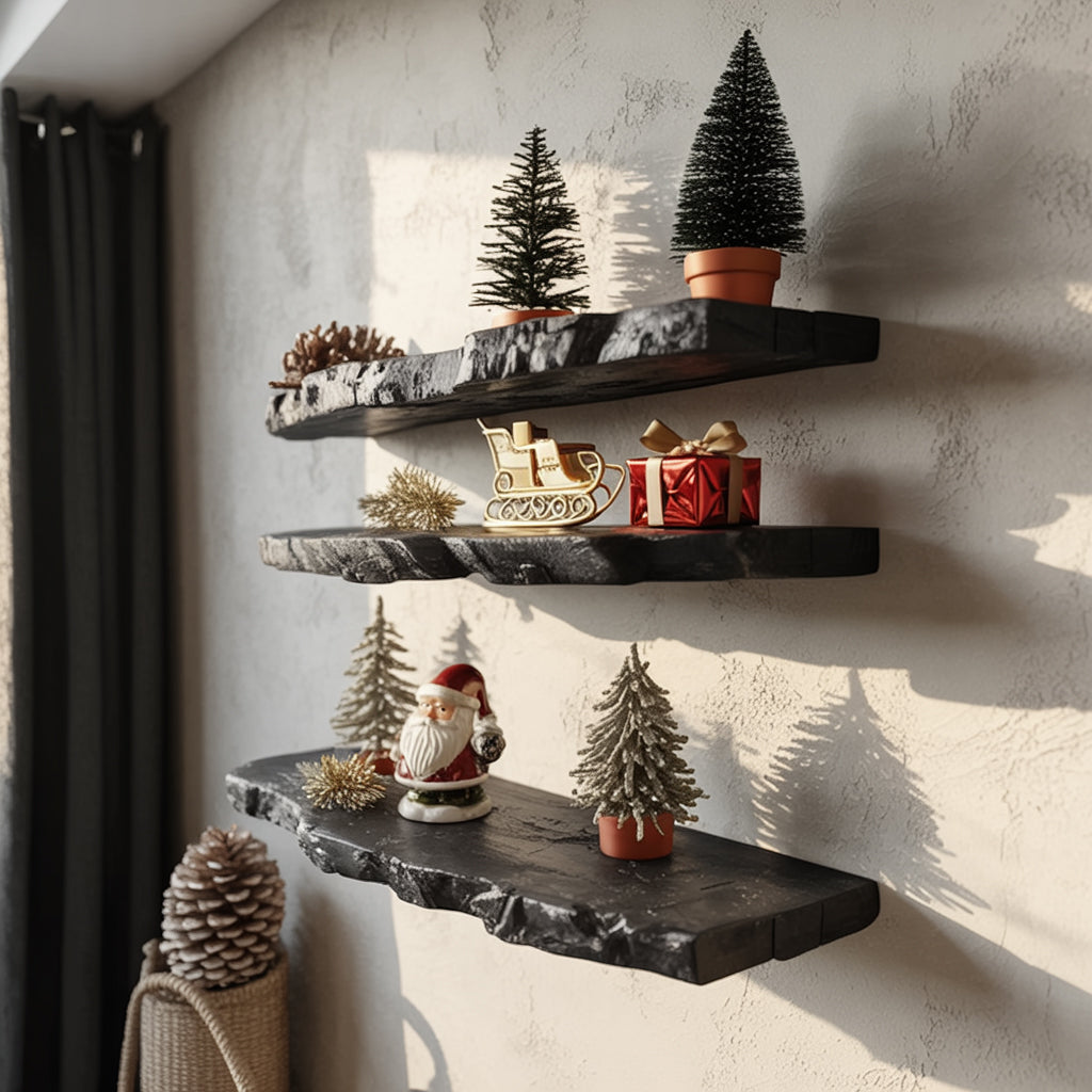 Rustic black wooden shelves with miniature Christmas trees, Santa figurine, golden sleigh, red gift, and pinecones