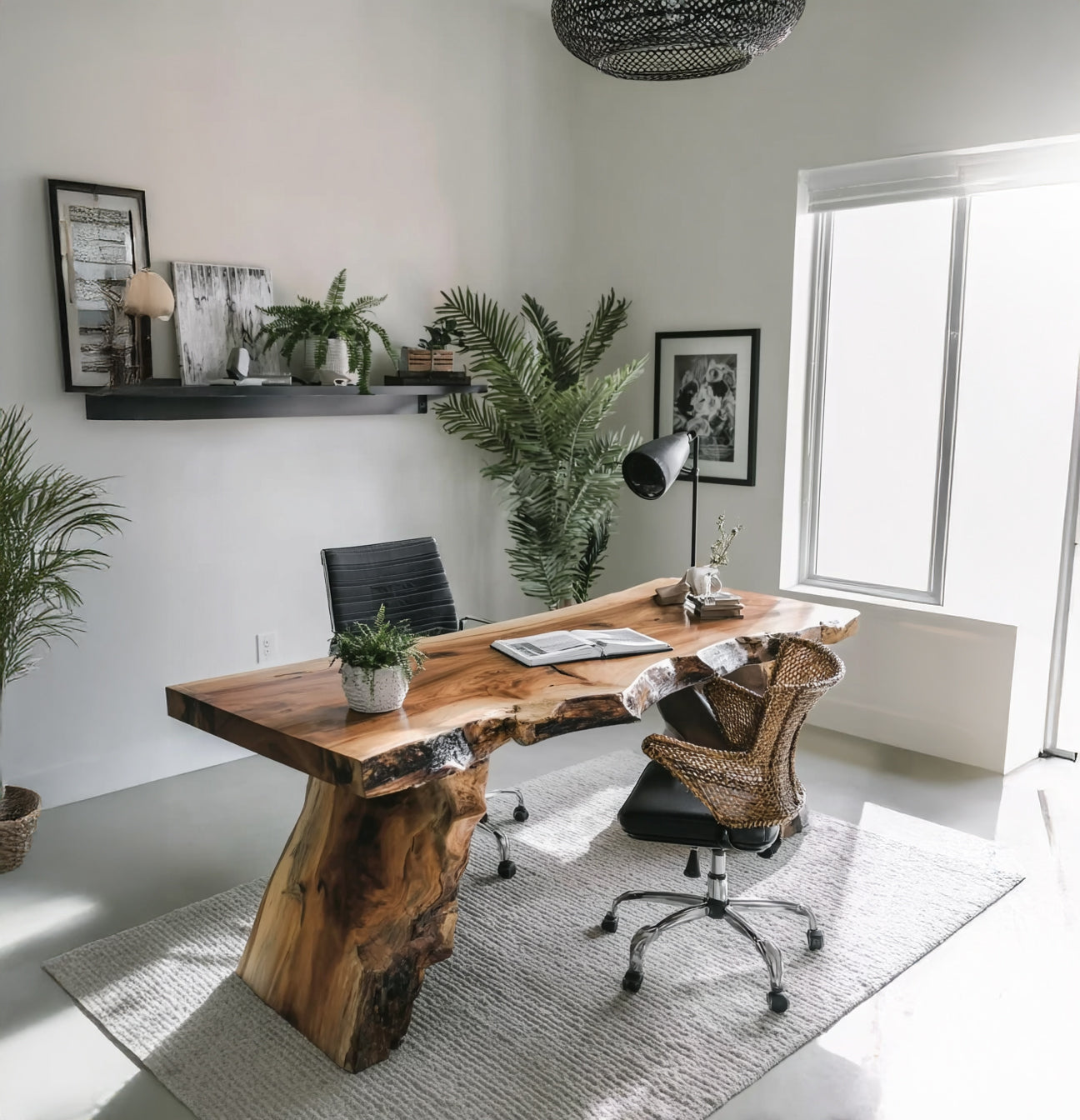 Modern home office with live edge wooden desk, black and wicker chairs, green plants, and large window