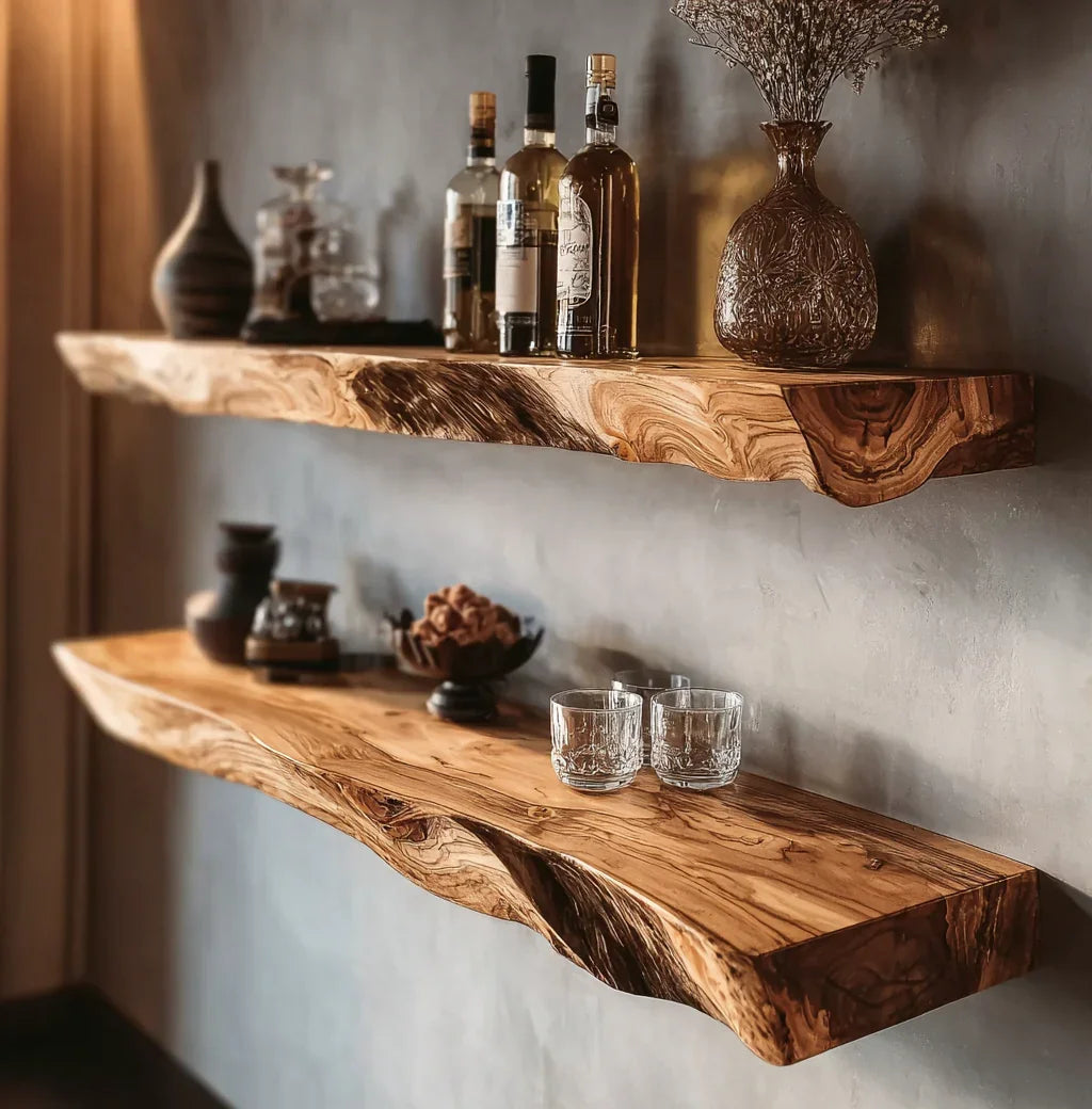Two rustic wooden floating shelves on a wall with glass bottles, vintage decor, and glassware
