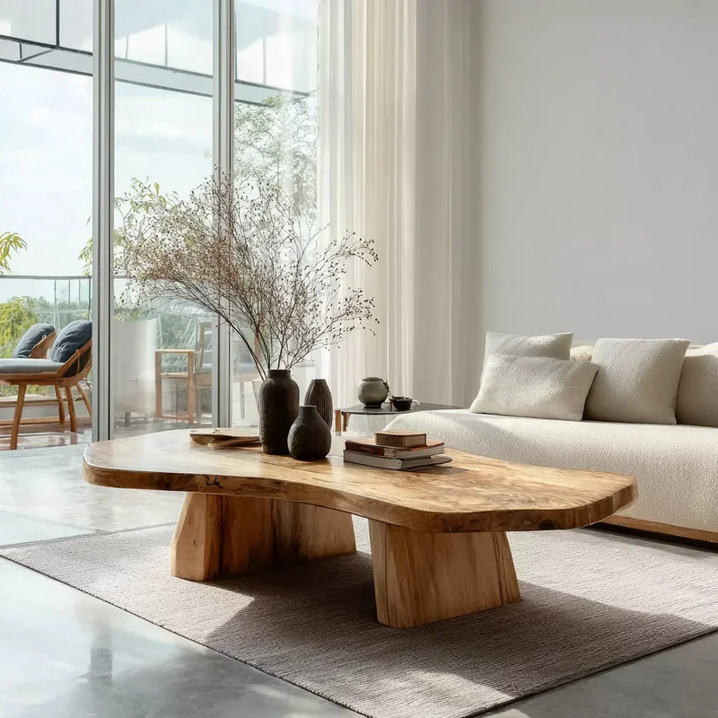 Minimalist living room with solid wood live edge coffee table, neutral sofa, and natural light