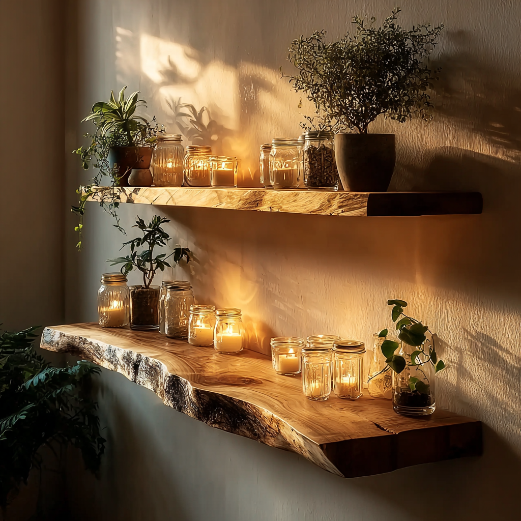 Cozy wooden floating shelves with green potted plants and lit candles casting warm shadows