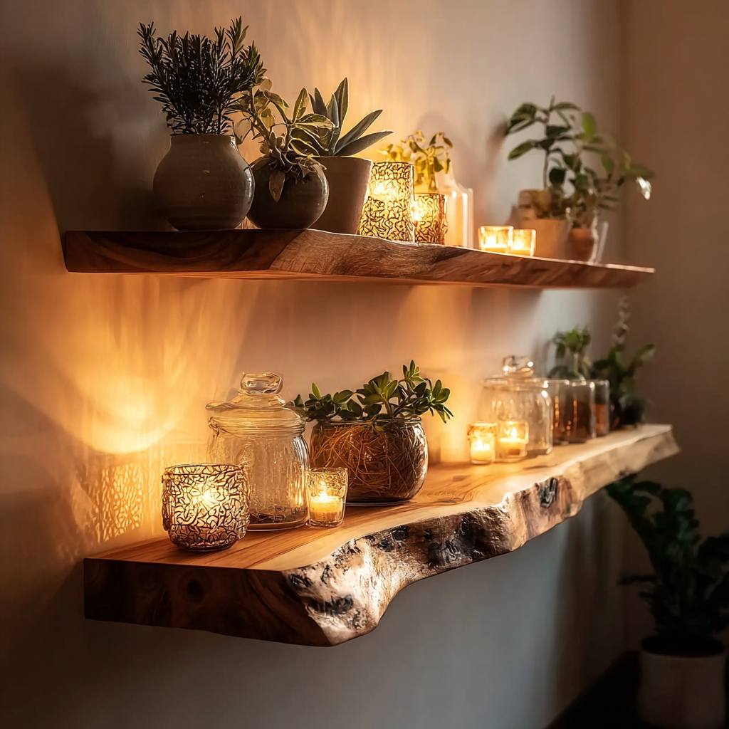 Two wooden floating shelves with potted plants, glass jars, and lit decorative candles creating warm ambiance