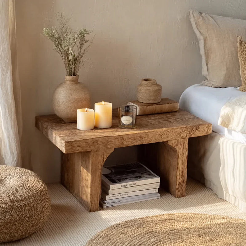 Solid wood nightstand with candles, vase, and books in a cozy bedroom setting