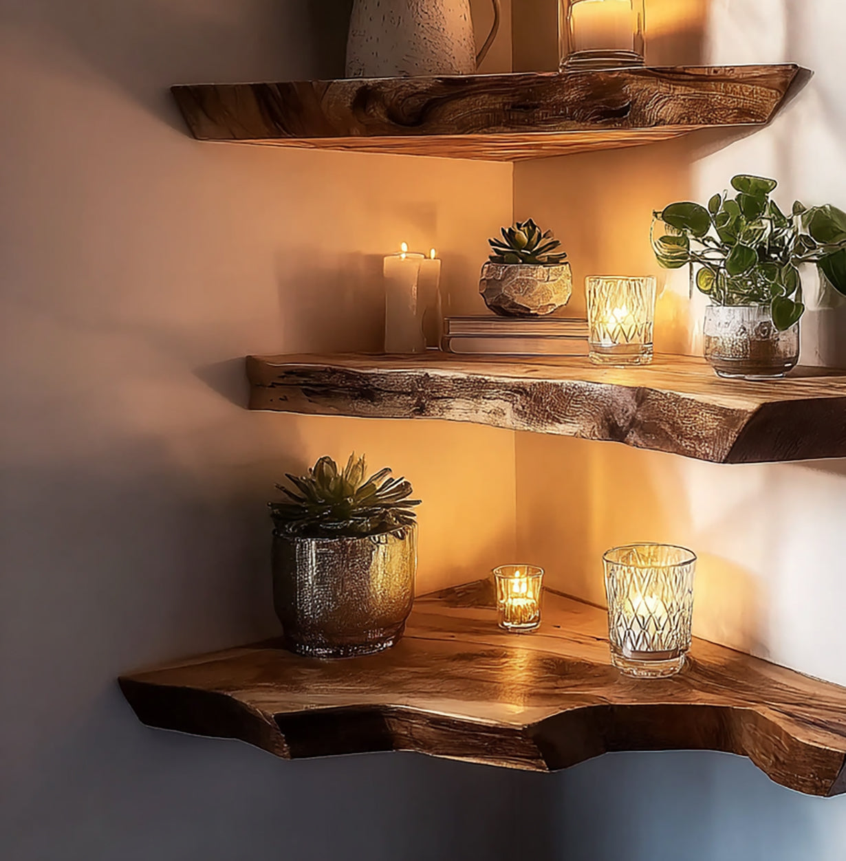 Rustic wooden corner shelves decorated with candles and small potted succulent plants in cozy warm lighting