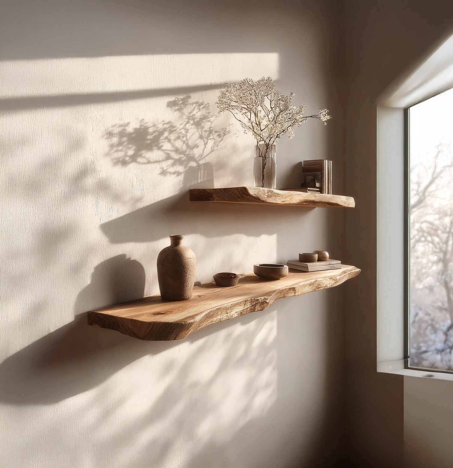 Floating live edge wood shelves with minimalist decor, pottery and books by a sunlit window