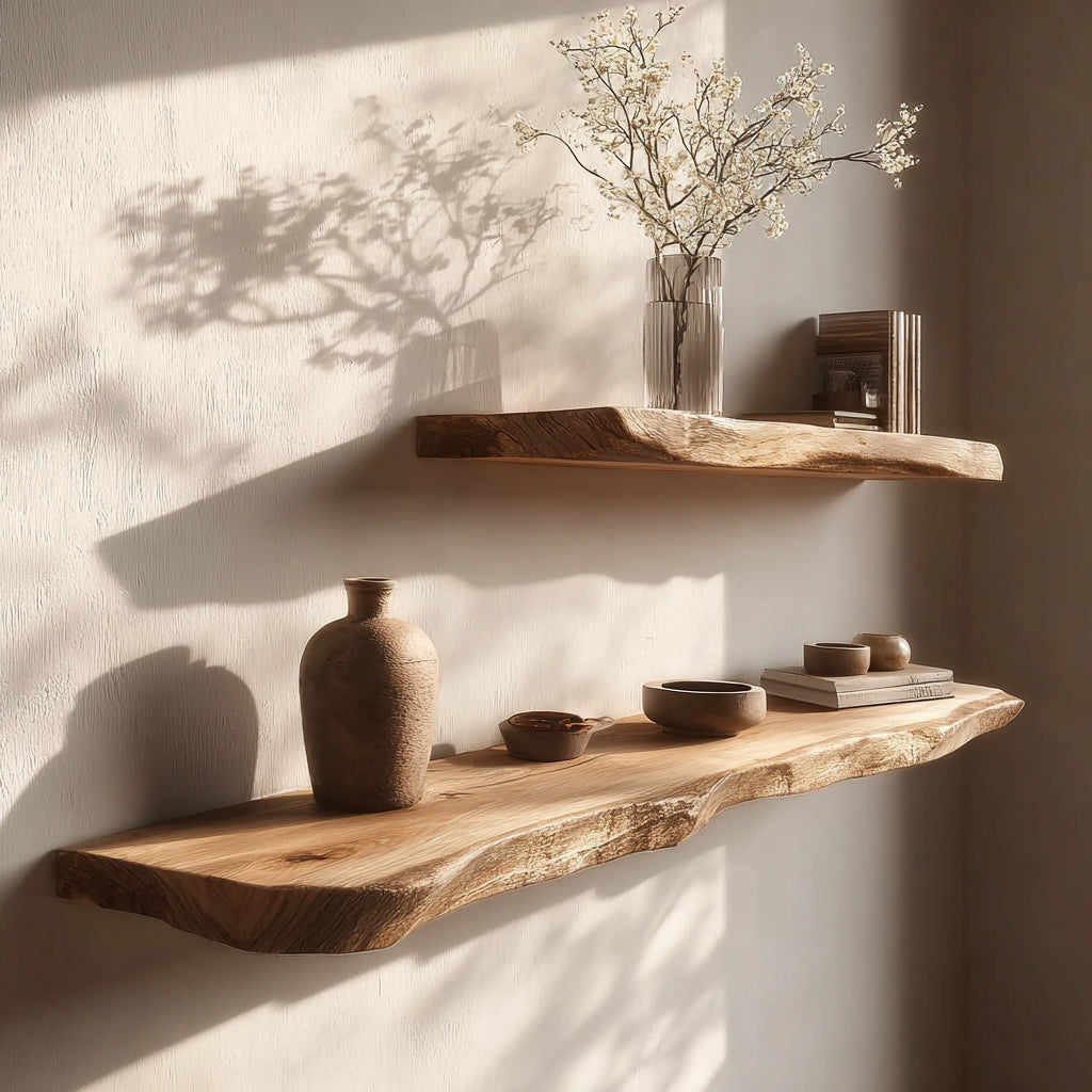 Live edge solid wood floating shelves with minimalist decor and natural sunlight