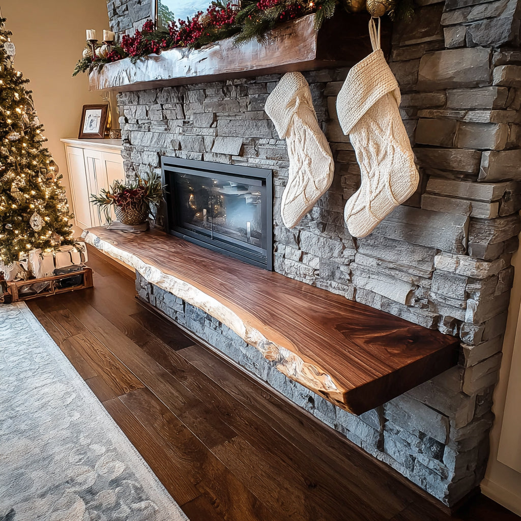 Cozy living room with stone fireplace, wooden mantel, two white knit Christmas stockings, and decorated Christmas tree