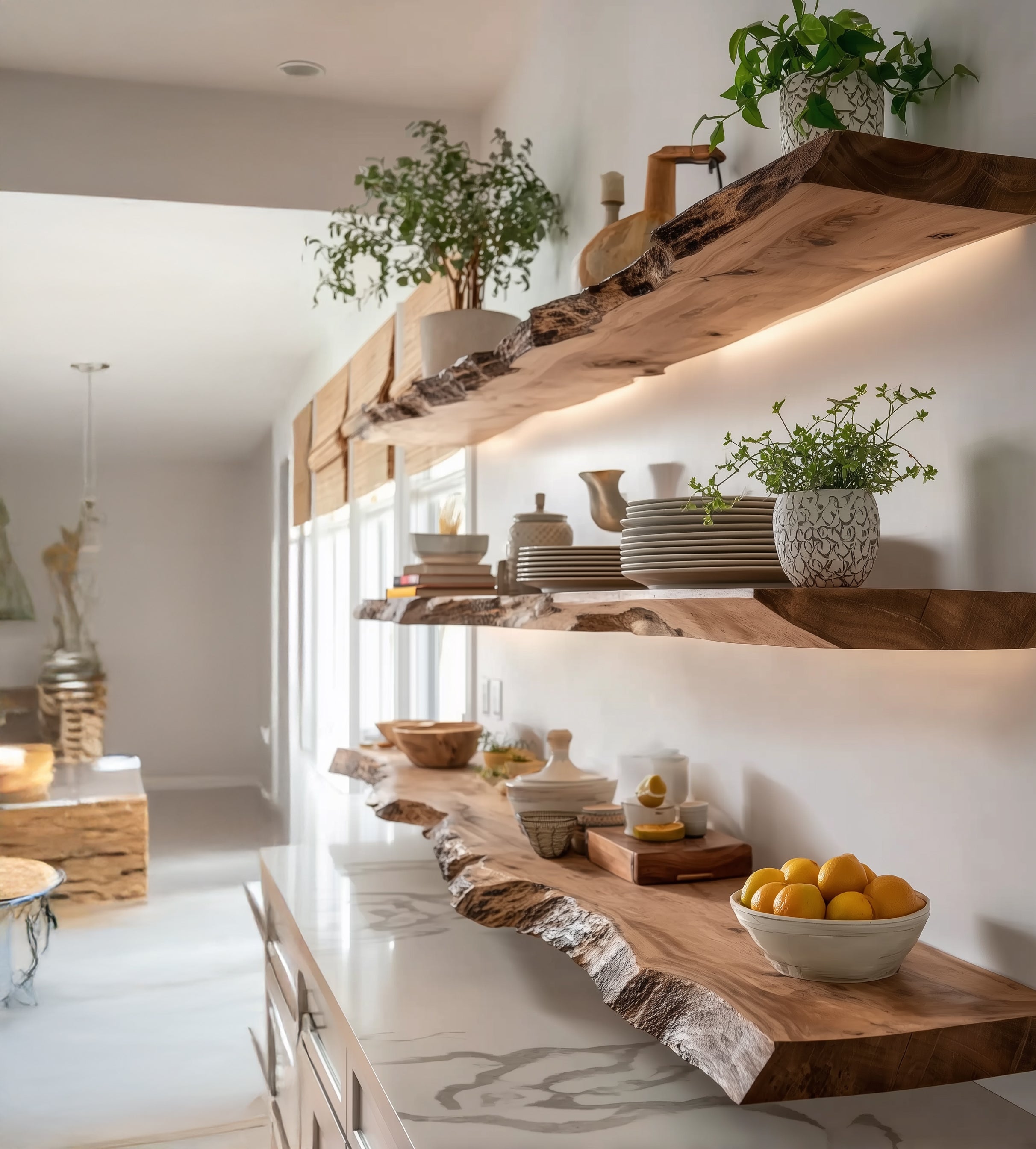 Modern kitchen with live edge wooden shelves holding dishes, plants, and a bowl of oranges