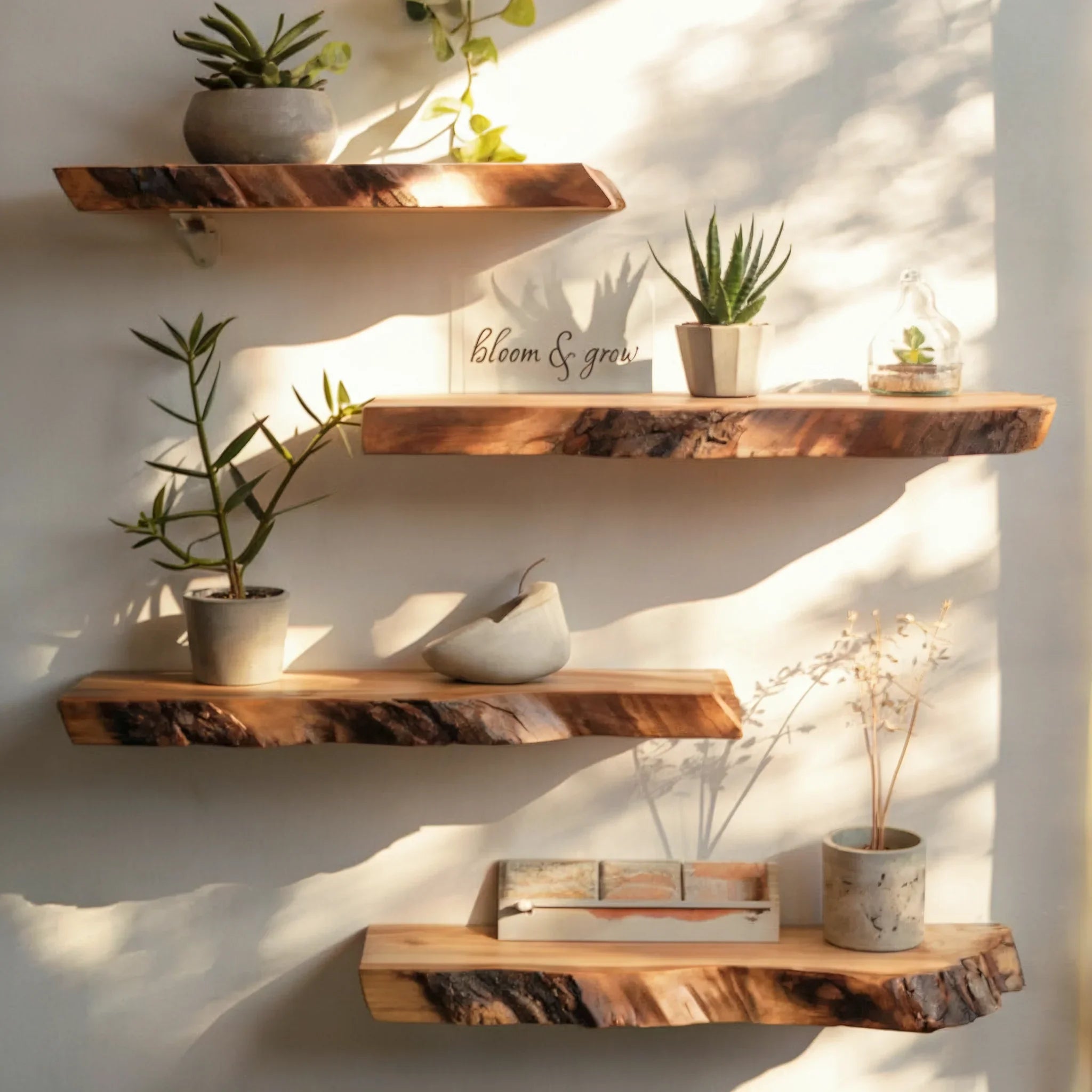 Solid wood floating shelves with live edge design, styled with plants and decor against a sunlit wall.
