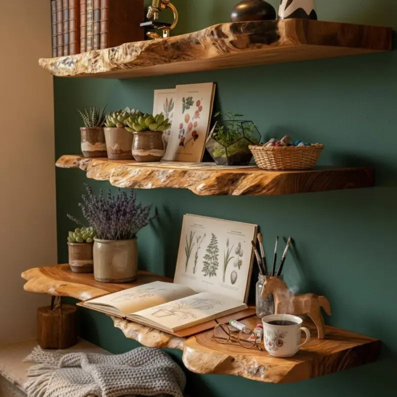 wood floating shelves on sage green wall with plants and ceramics