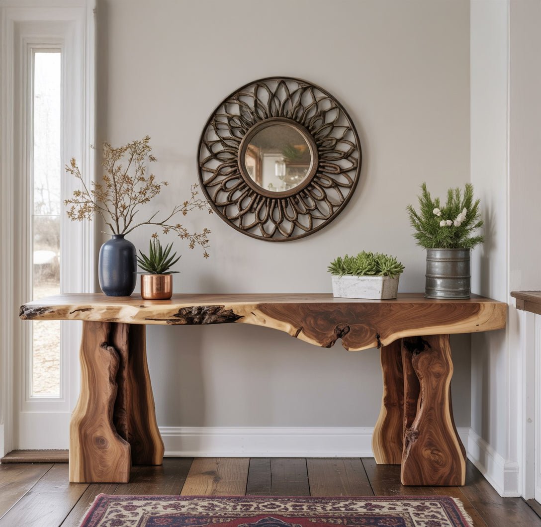 Rustic live edge wood console table with decorative plants and round metal sunburst mirror