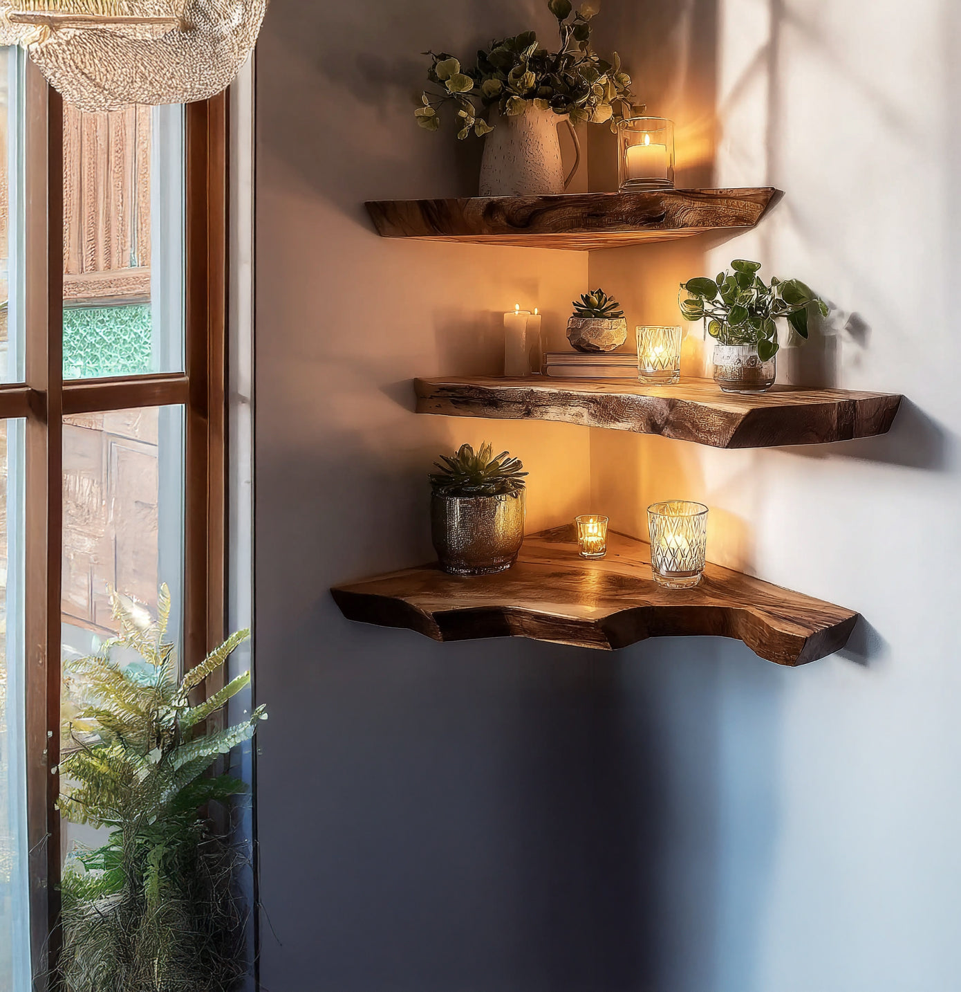 Cozy corner with three rustic wooden corner shelves adorned with candles, potted plants, and books near window