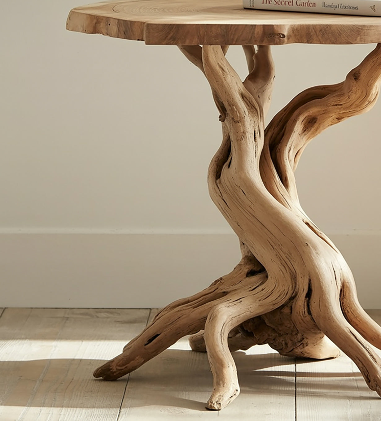 Rustic wood table with twisted natural wood base on a light floor against beige wall