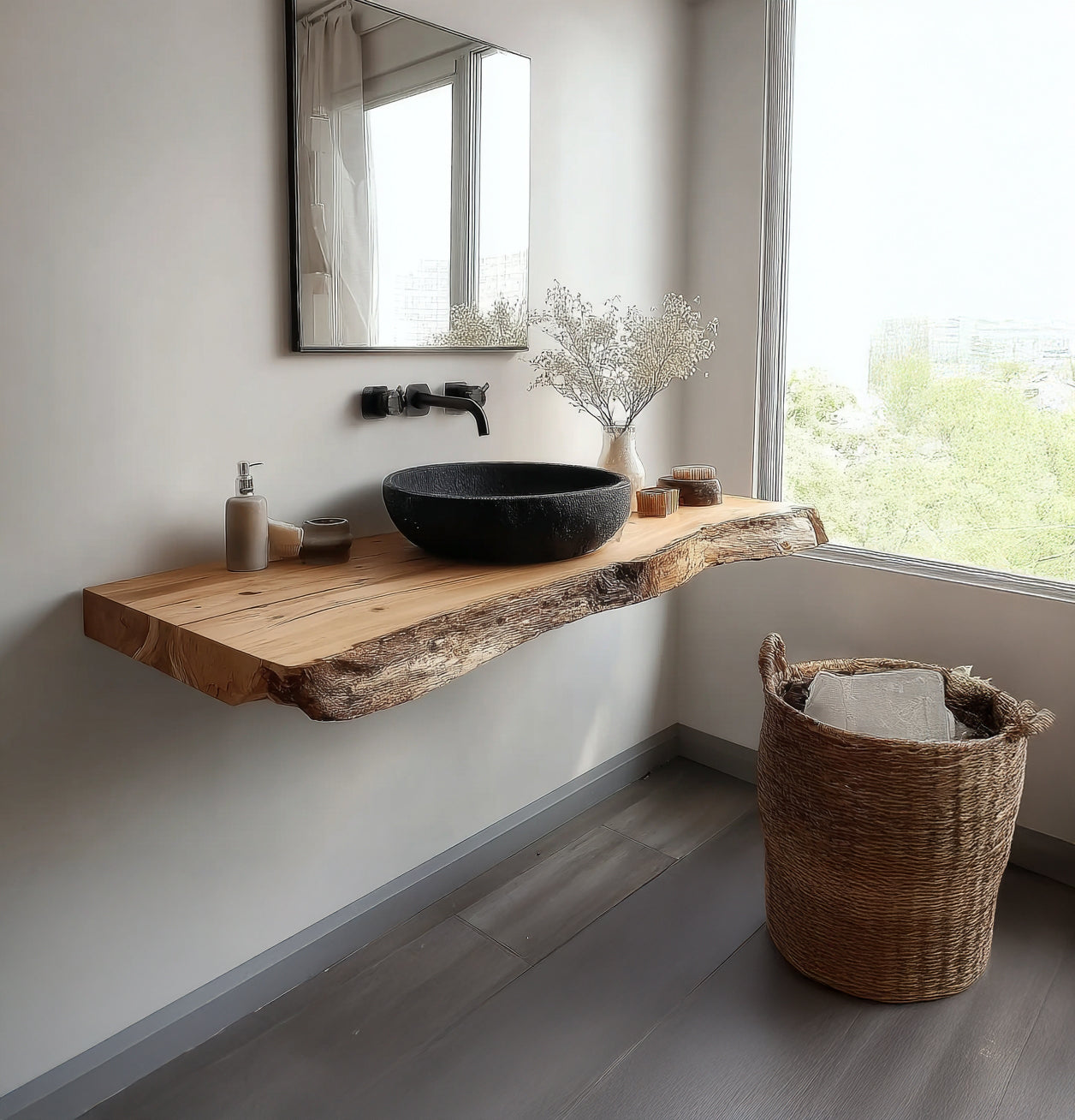 Minimalist bathroom with live edge wood floating vanity, black stone sink, wall faucet, and wicker basket