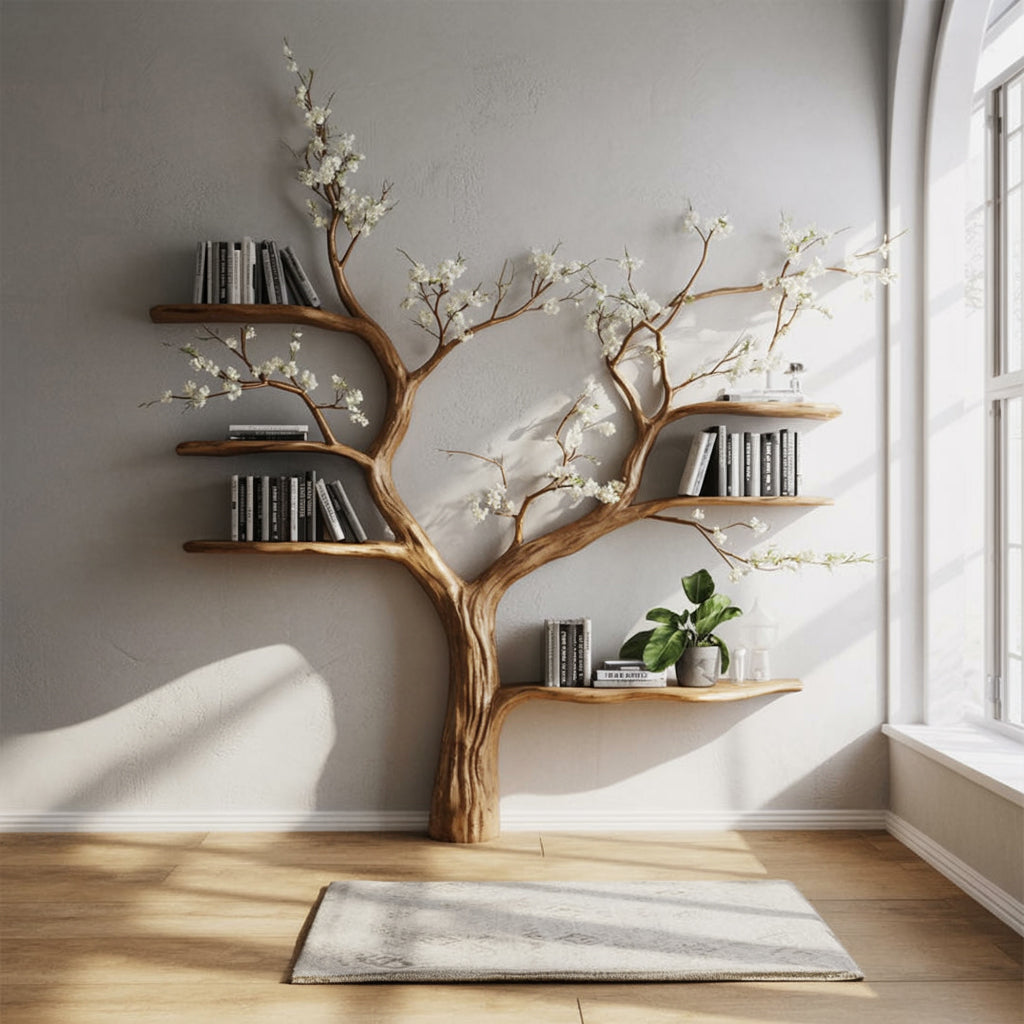 Live Edge Tree Bookcase – Elegant Floral Branch Shelf for Home Decor