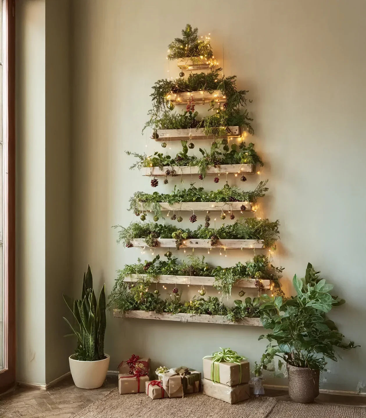Wall-mounted wooden shelves decorated with greenery and fairy lights shaped like a Christmas tree with potted plants and wrapped gifts below