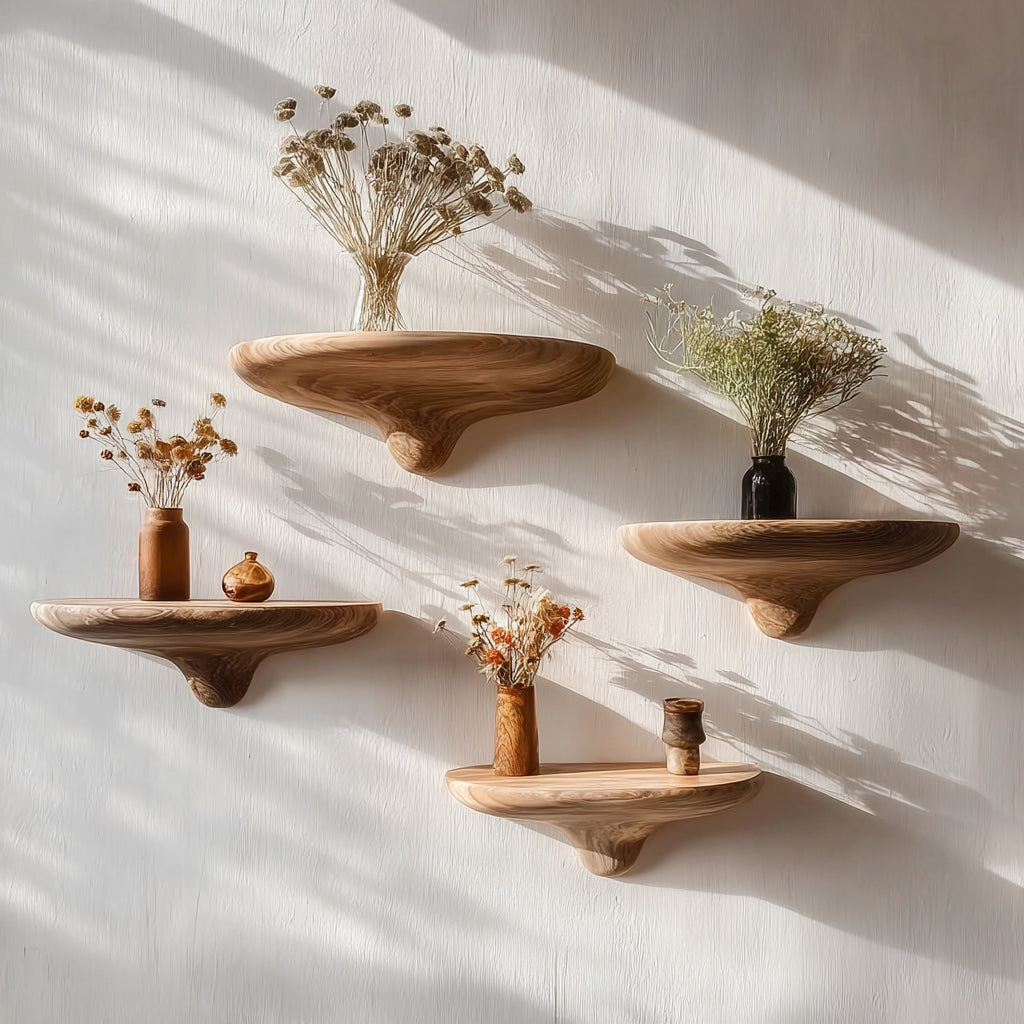 Set of floating live edge wooden shelves with vases and dried flowers on white wall