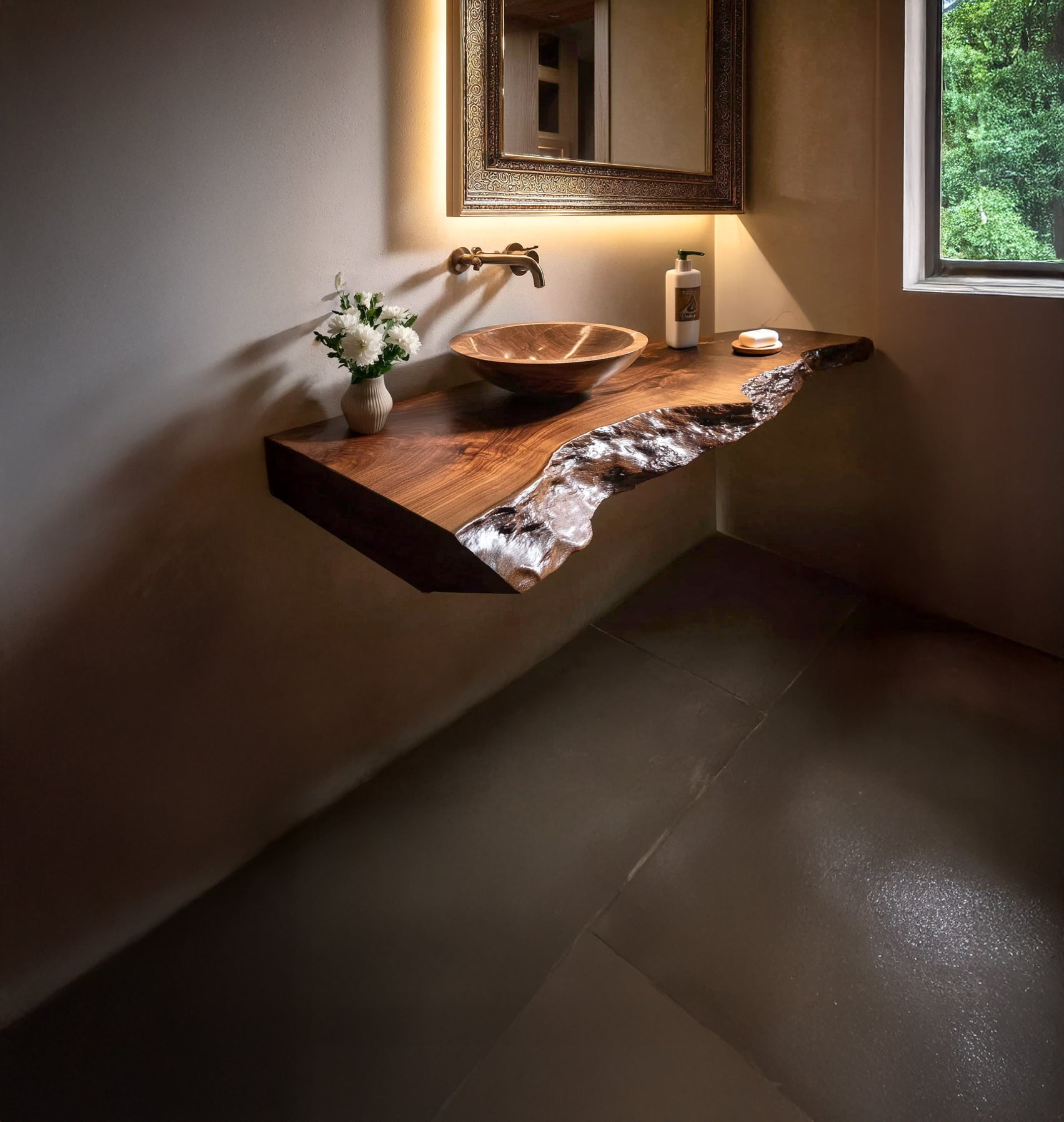 Rustic wooden bathroom sink with live edge countertop, wall-mounted faucet, decorative mirror, flowers, and soap near window