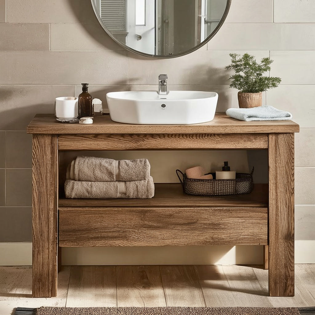 Rustic Solid Wood Bathroom Vanity with Open Storage Shelf Top