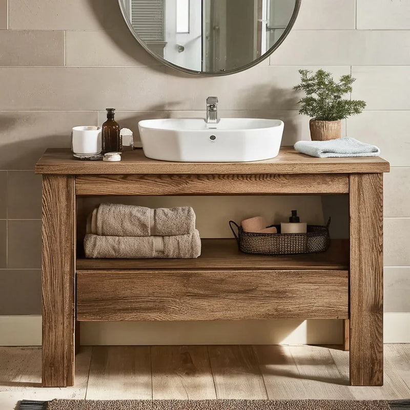 Solid wood bathroom vanity with live edge finish, vessel sink, towels, and modern decor