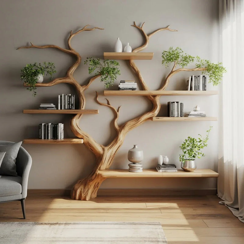 Tree-shaped solid wood bookshelf with floating shelves and plants in a modern living room.