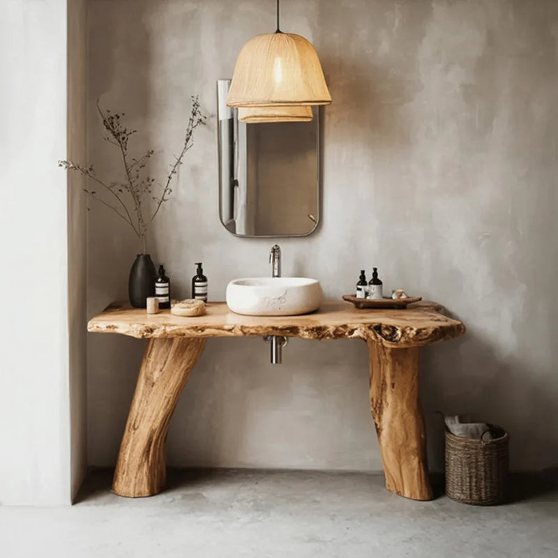 Live edge wooden bathroom vanity with vessel sink, minimalist decor, and pendant light