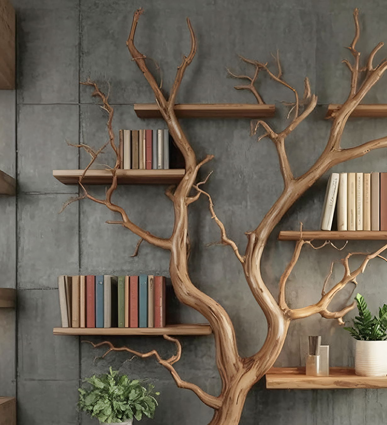 Modern indoor bookshelf with books, wooden shelves, and tree branch design against concrete wall