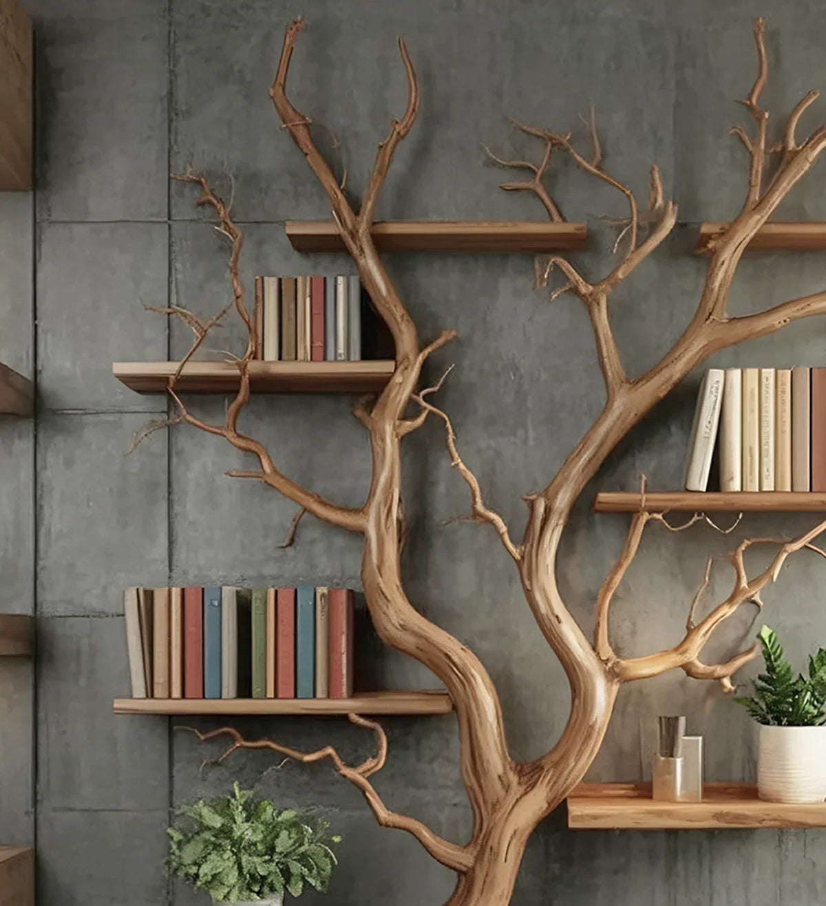 Modern indoor bookshelf with books, wooden shelves, and tree branch design against concrete wall