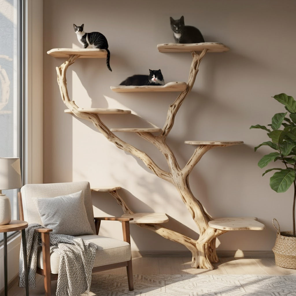 Living room with natural wood cat tree shaped like a tree and three black and white cats lounging