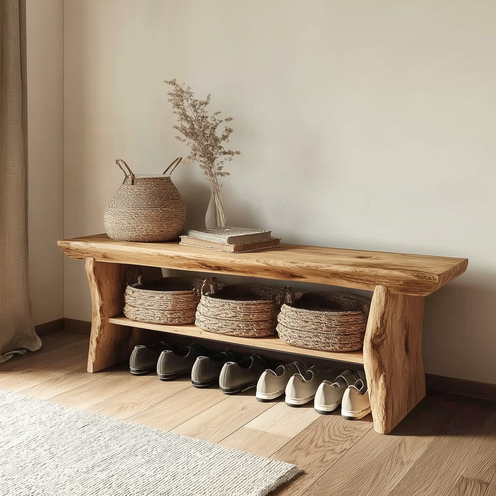 Rustic wooden bench with woven baskets and shoes underneath in minimalist home entryway