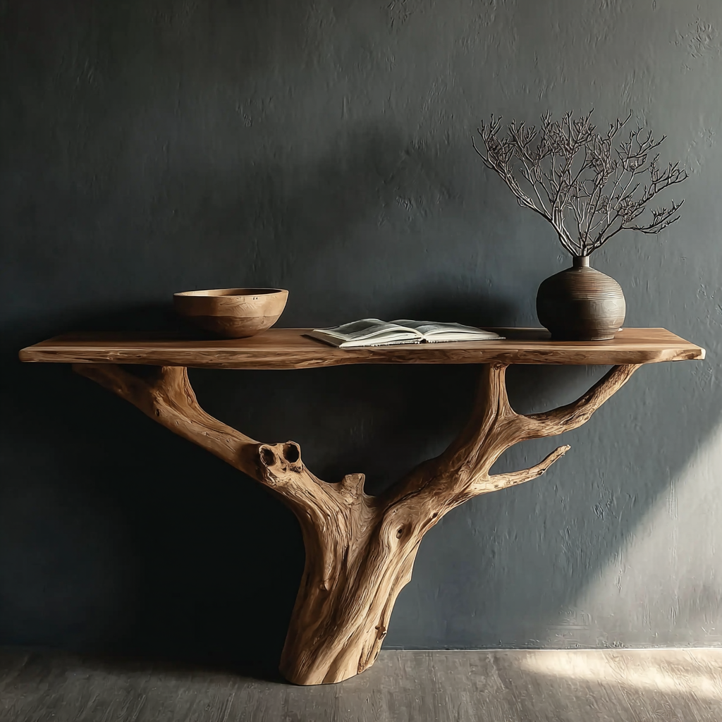 Rustic wooden console table with natural branch base, ceramic vase with twigs, wooden bowl, and open book