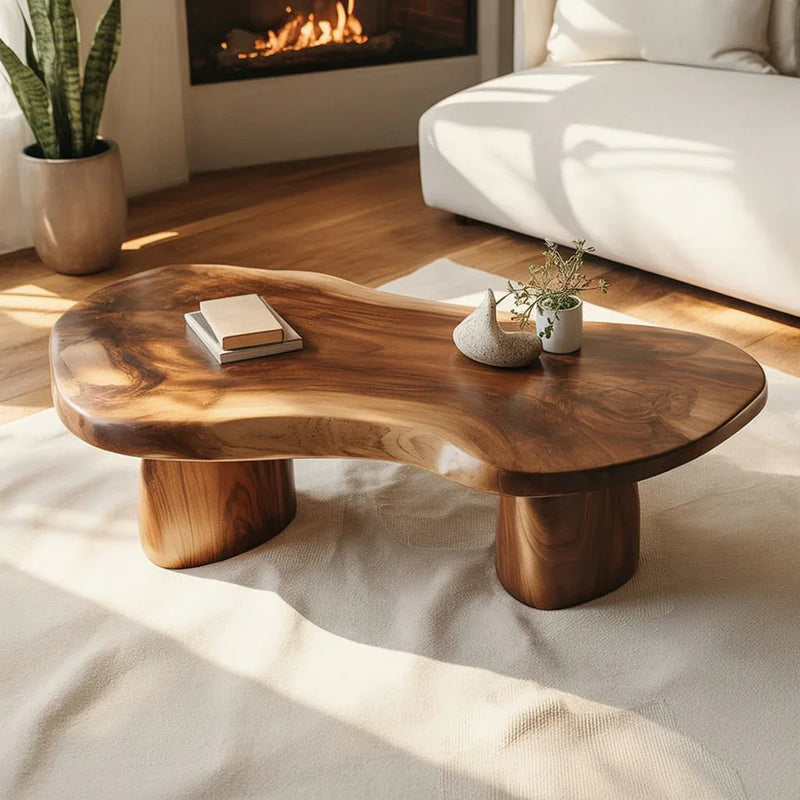 Live edge solid wood coffee table with organic shape in modern living room, fireplace in background.