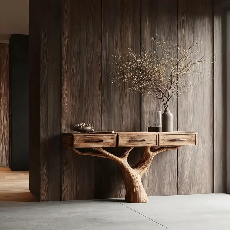 Live edge console table with tree-inspired base, three drawers, and vases with branches in a modern room