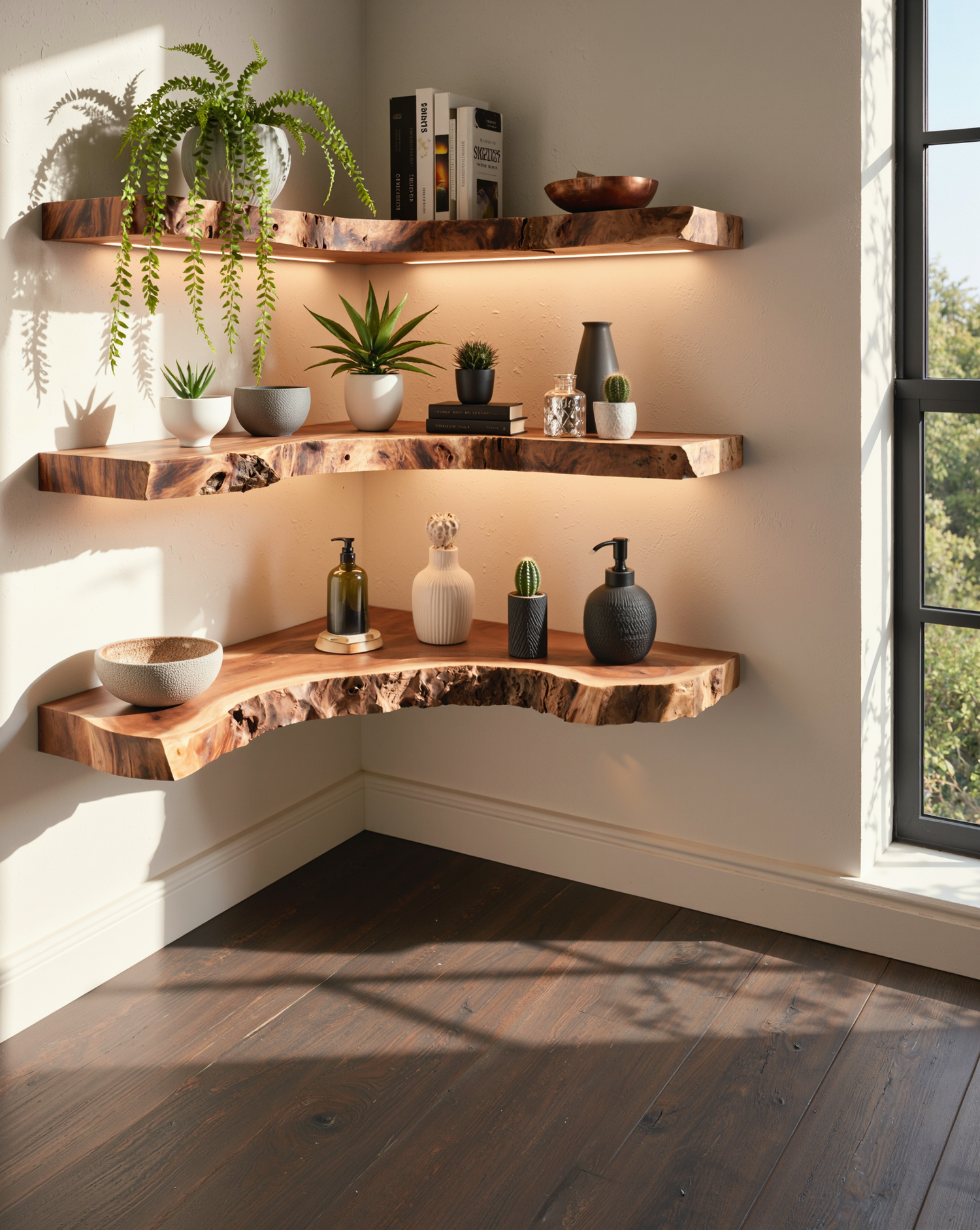 Live edge floating shelves with plants and decor