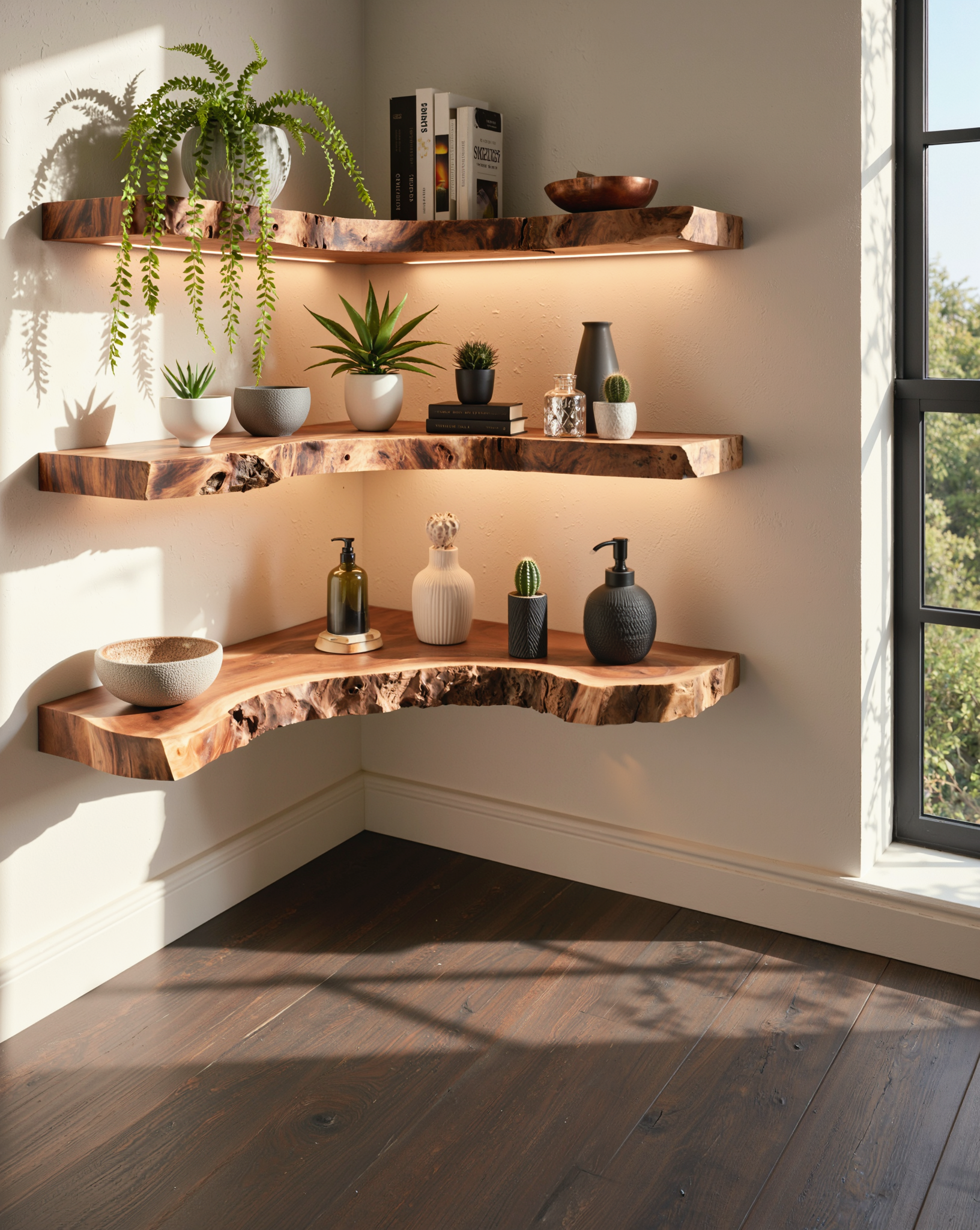 Live edge floating shelves with plants and decor