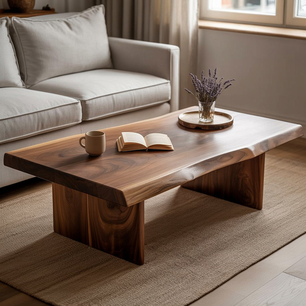 Solid wood live edge coffee table in a cozy living room with sofa, book, and mug
