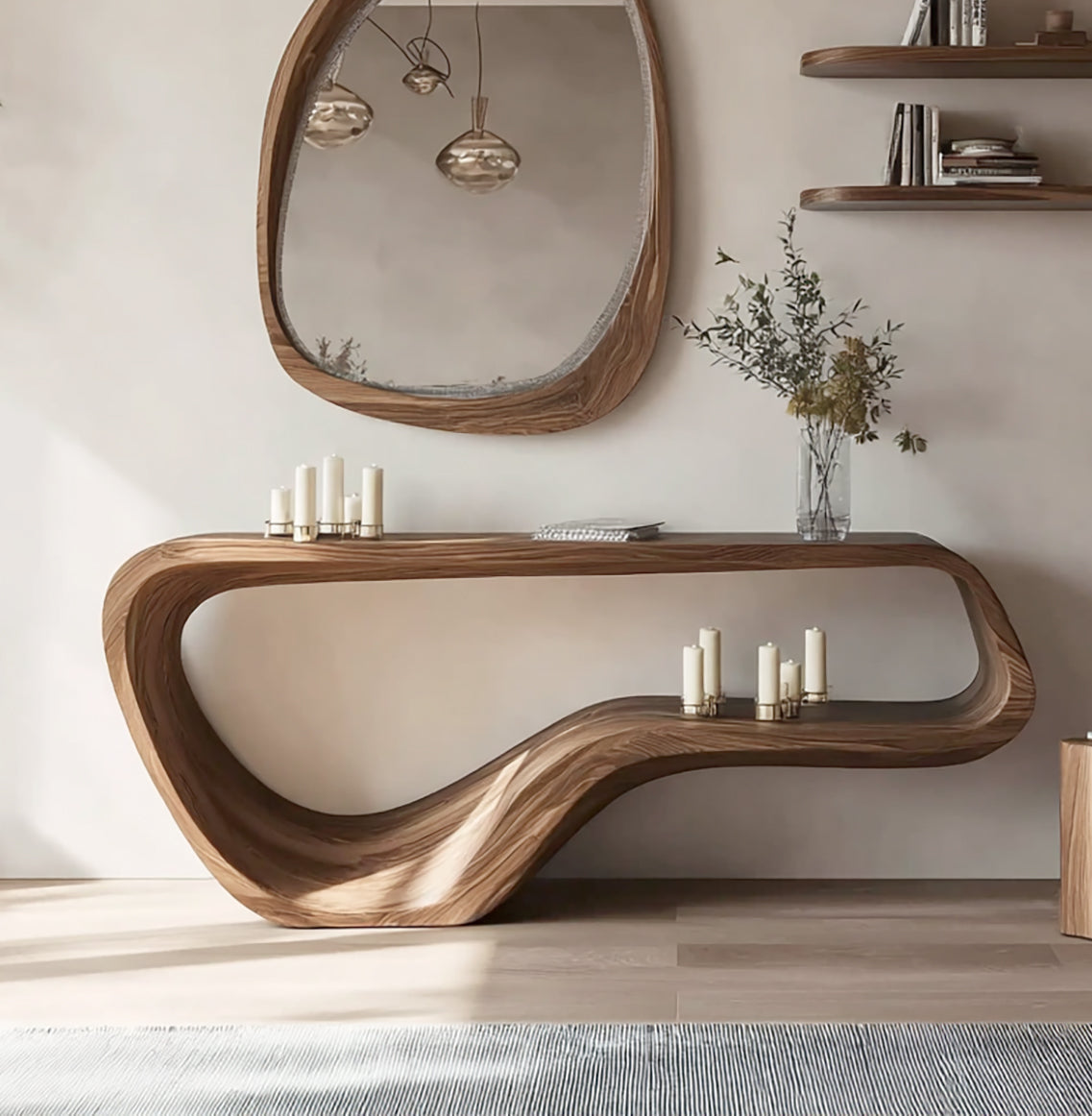 Modern live edge wooden console table with flowing curves, candles, vase, and mirror in stylish room