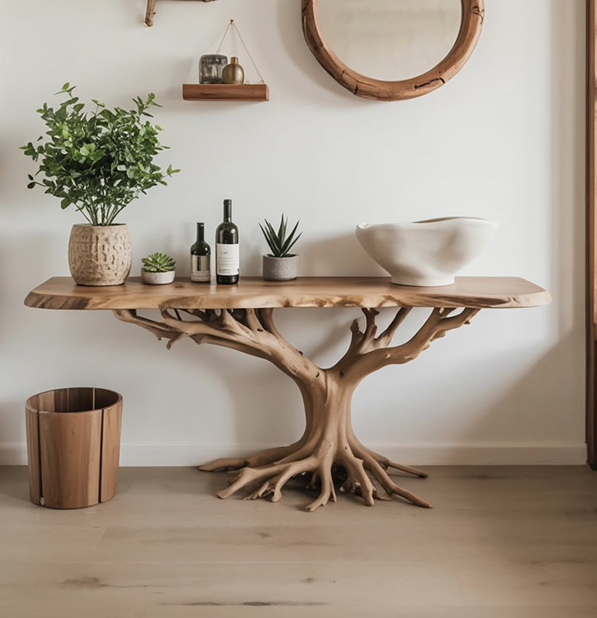 Live edge wood console table with sculpted tree base, plants, and decor in modern entryway
